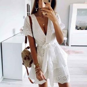 Boho White Eyelet Surplice Belt Ruffle Mini dress